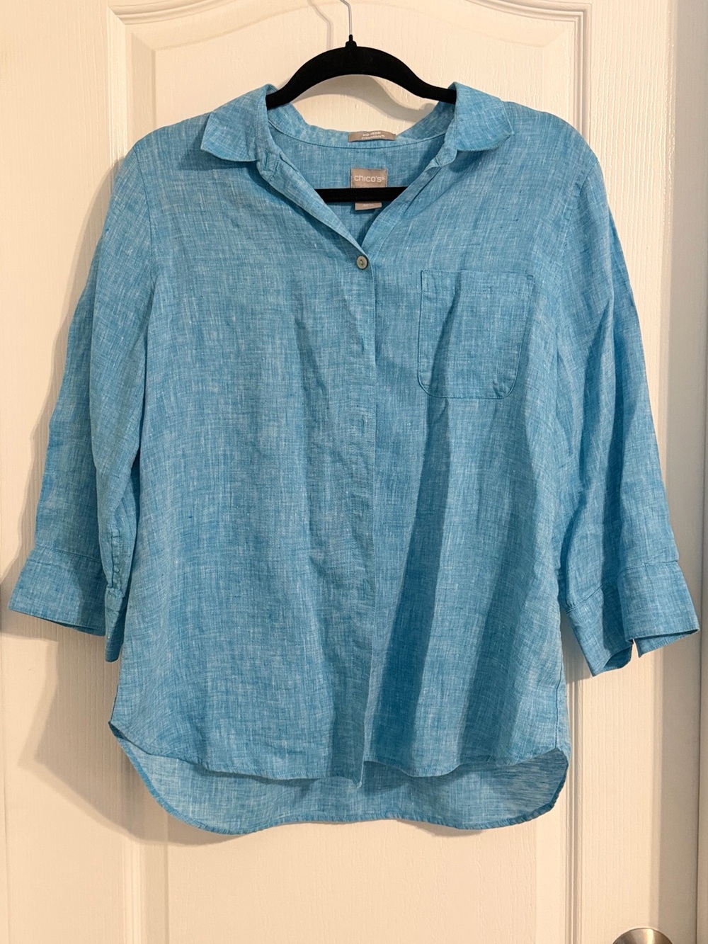 Chico's Teal Blue 100% Linen Quiet Luxury Button Down Shirt Sz 1 (US 8-10)